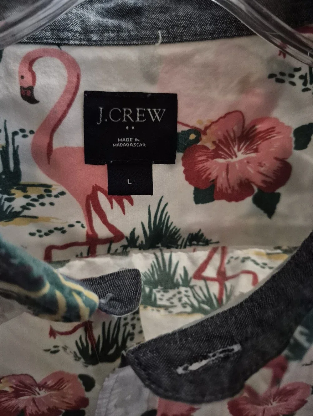 J. Crew Cream Button-Down Shirt with Pink Flamingo & Green Palm Print